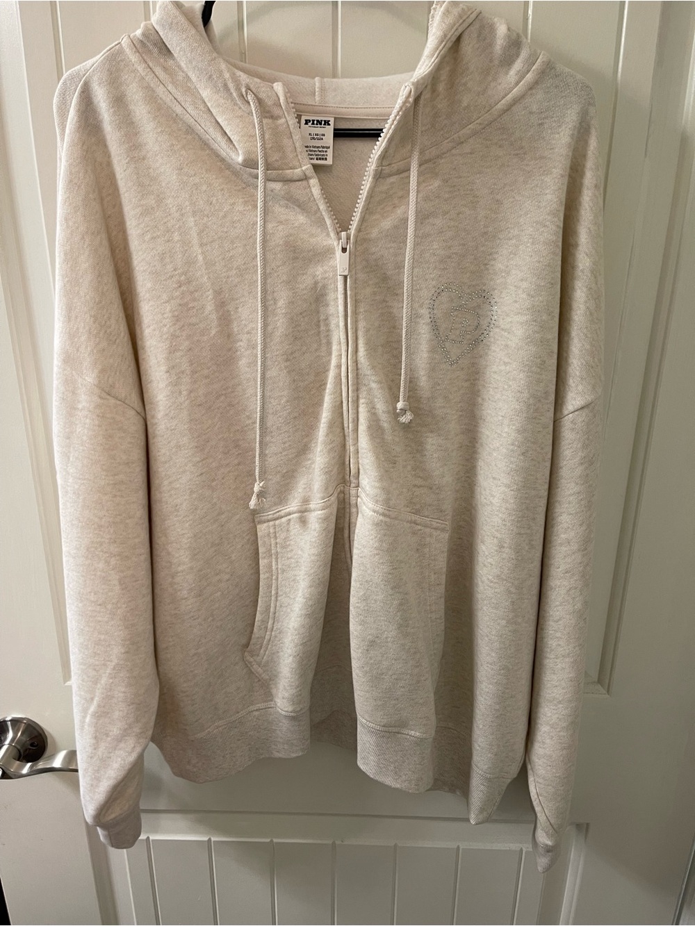 PINK Victoria's Secret Soft Beige Zip Hoodie with Rhinestone Heart
